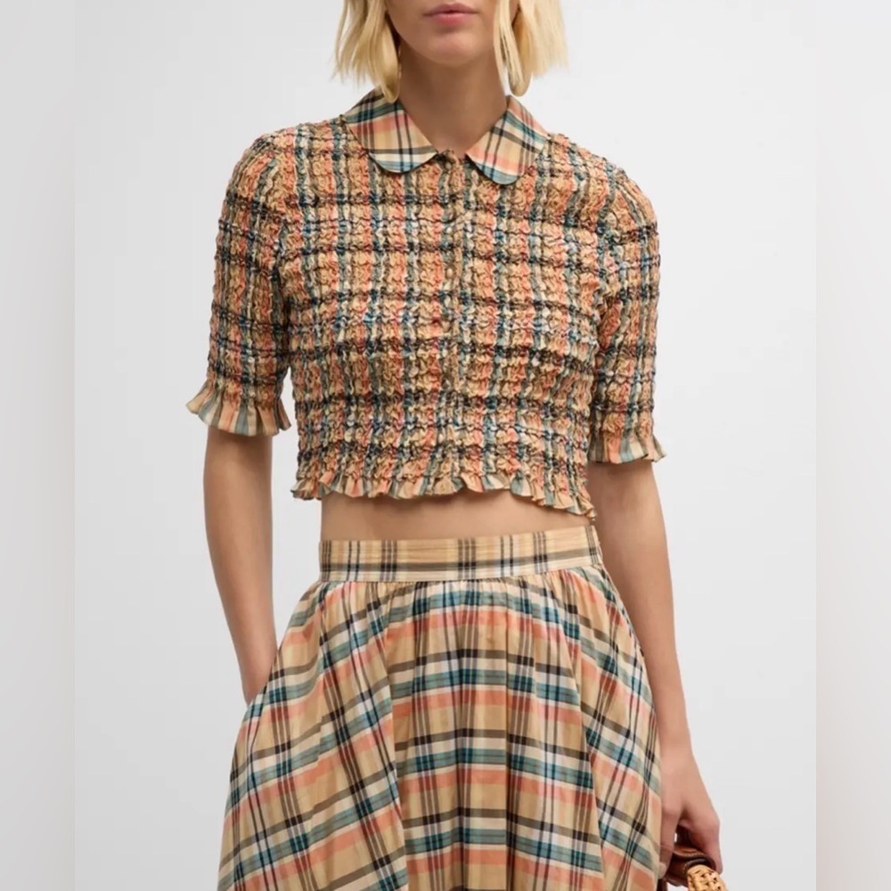 Ulla Johnson Jules Smocked Silk Cotton Collared Crop Top 00
